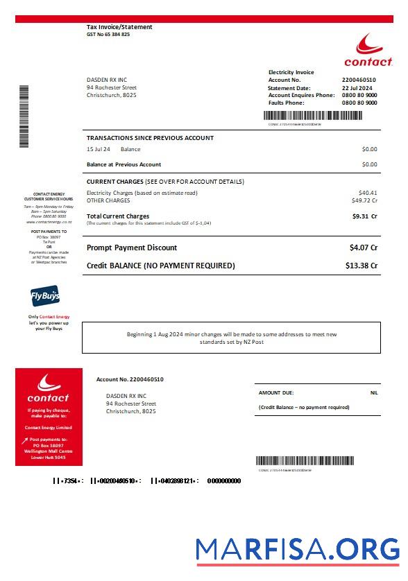 Printable New Zealand Contact Energy proof of energy business utility bill in Word and PDF formats sample